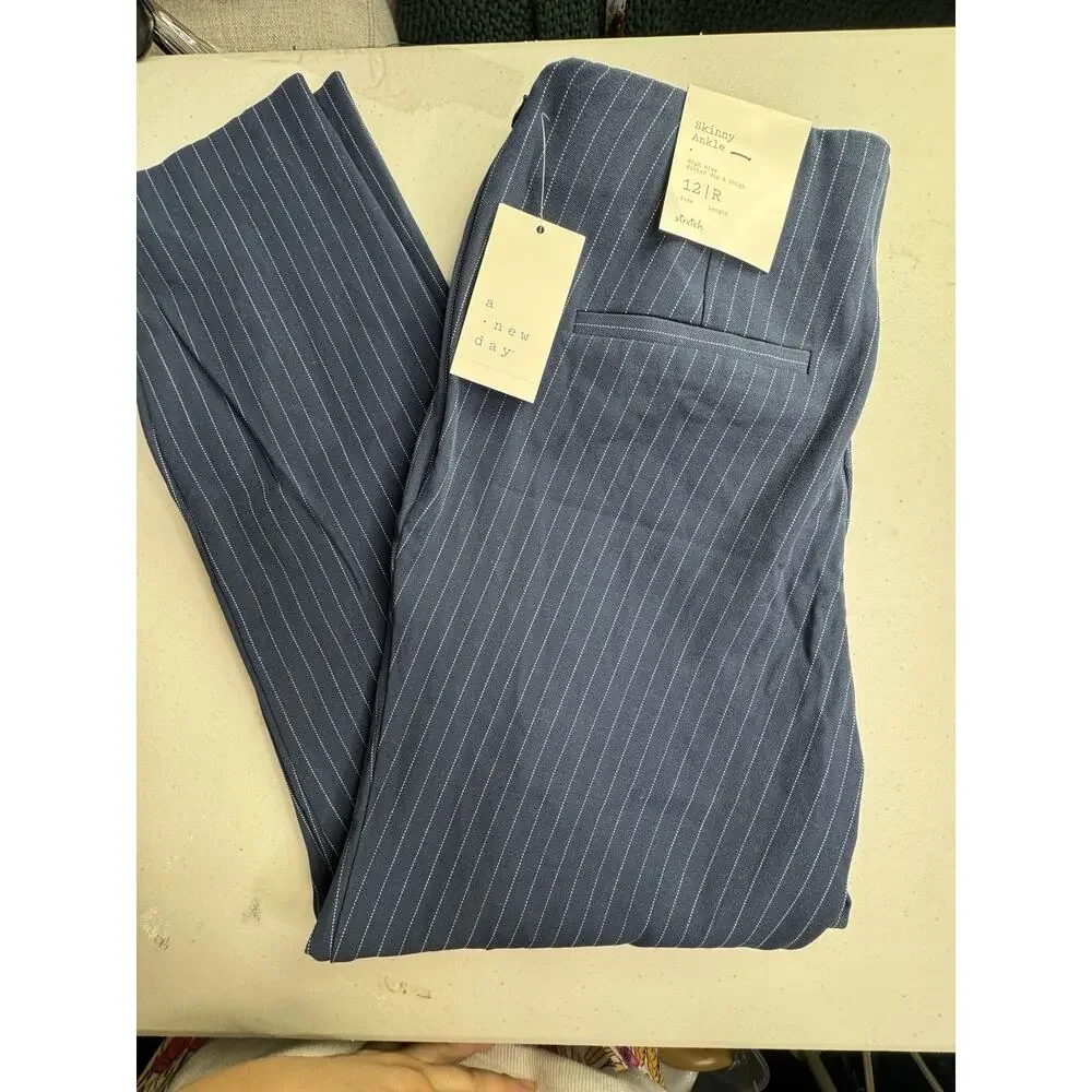 Women's High-Rise Skinny Ankle 12 Pants  A New Day navy blue pinstripe corp core